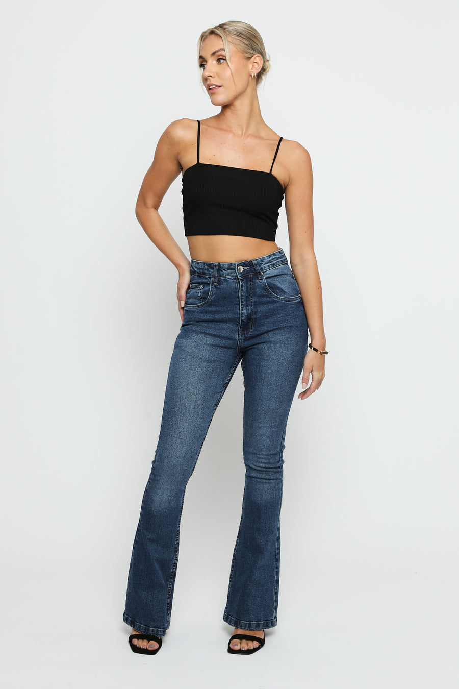 SERAPHI High Waisted Fitted Flare Jeans - Mid Blue -  Women's Flare Jeans
