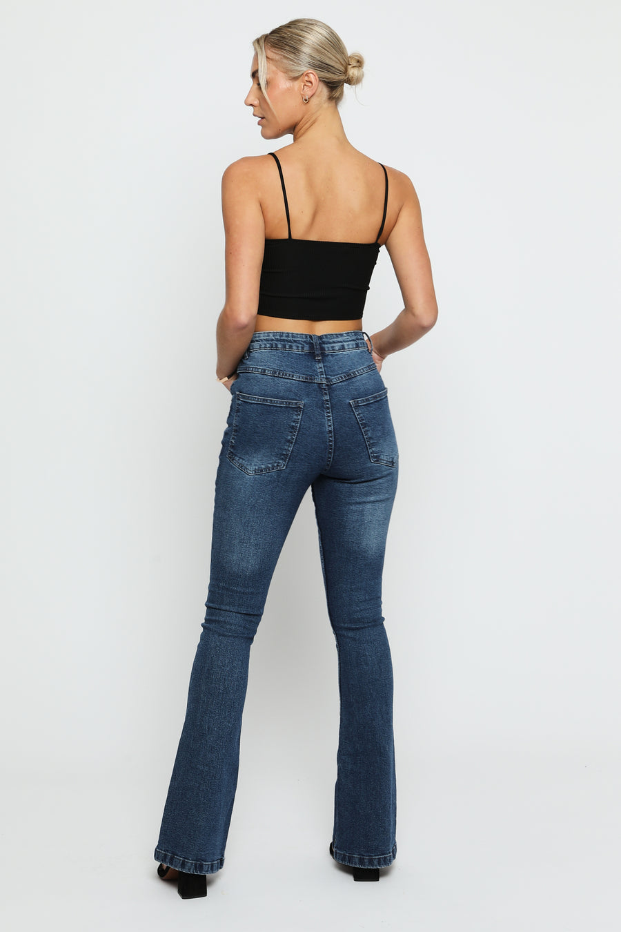 SERAPHI High Waisted Fitted Flare Jeans - Mid Blue -  Women's Flare Jeans