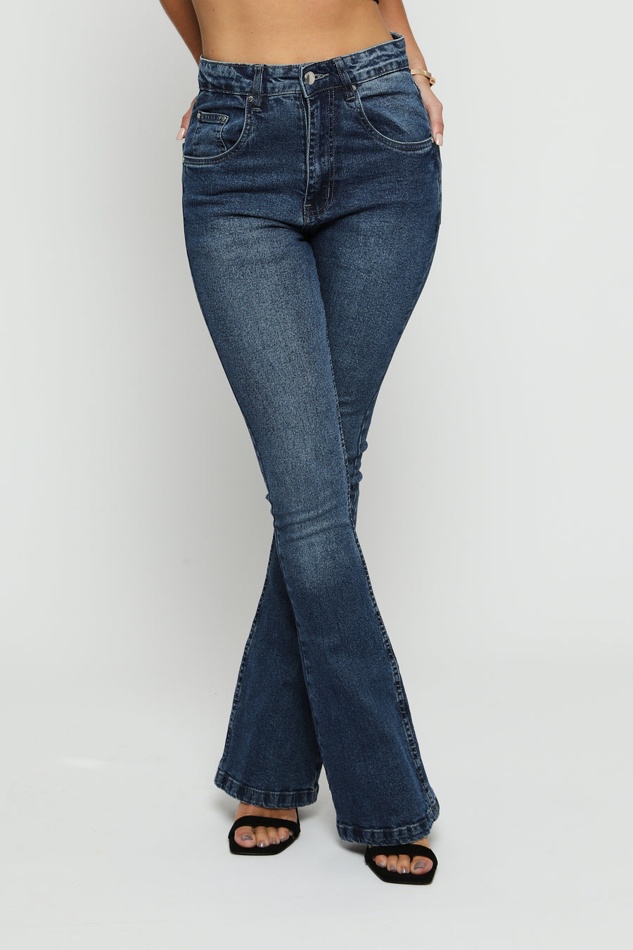 SERAPHI High Waisted Fitted Flare Jeans - Mid Blue -  Women's Flare Jeans