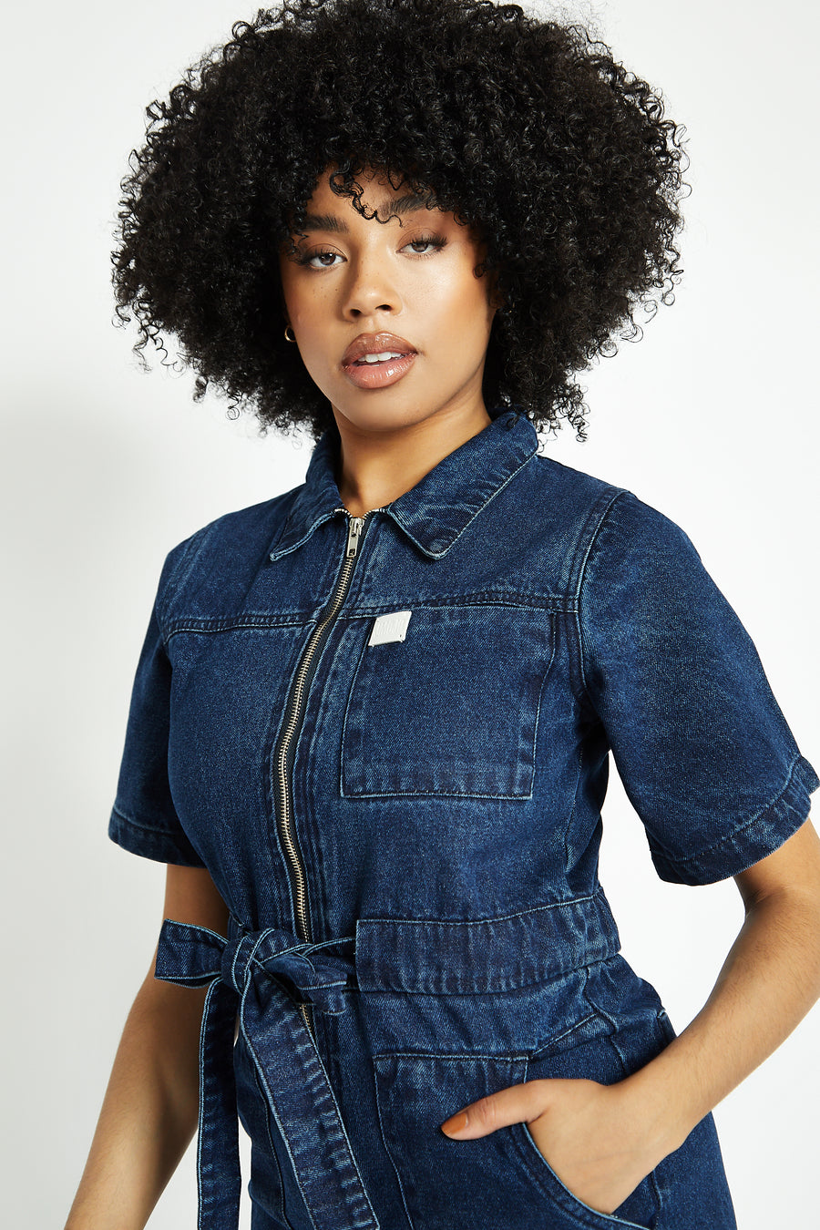 SHORT SLEEVE DENIM JUMPSUIT - DARK BLUE -  Women's Denim Jumpsuits