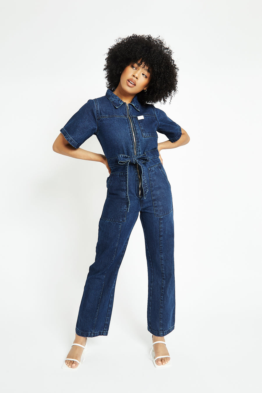 SHORT SLEEVE DENIM JUMPSUIT - DARK BLUE -  Women's Denim Jumpsuits