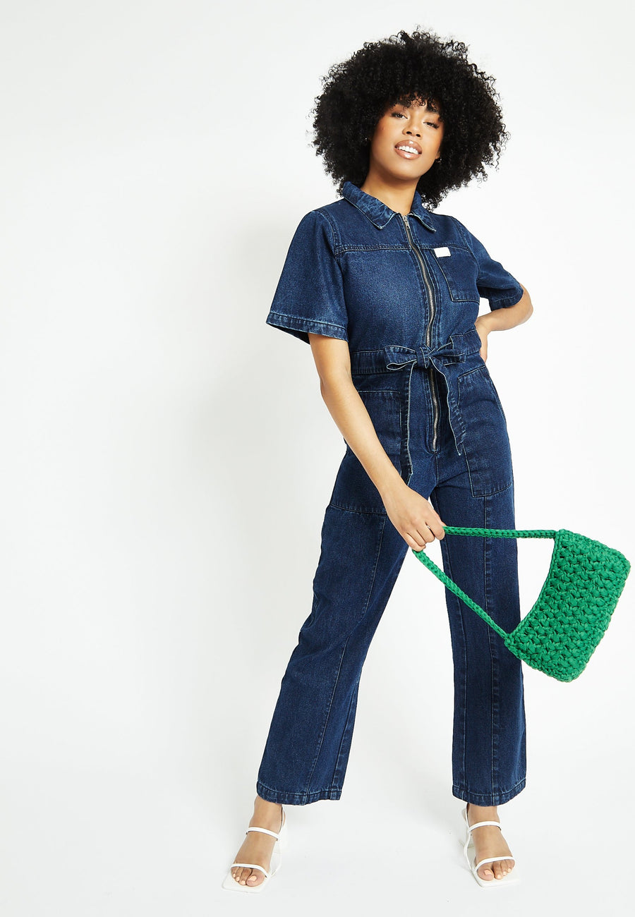 SHORT SLEEVE DENIM JUMPSUIT - DARK BLUE -  Women's Denim Jumpsuits