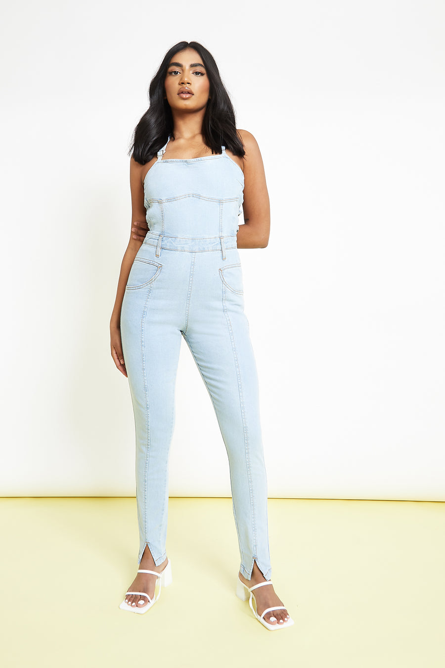 SLEEVELESS DENIM JUMPSUIT - LIGHT BLUE WASH -  Women's Denim Jumpsuits