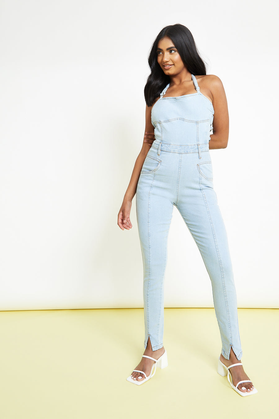 SLEEVELESS DENIM JUMPSUIT - LIGHT BLUE WASH -  Women's Denim Jumpsuits