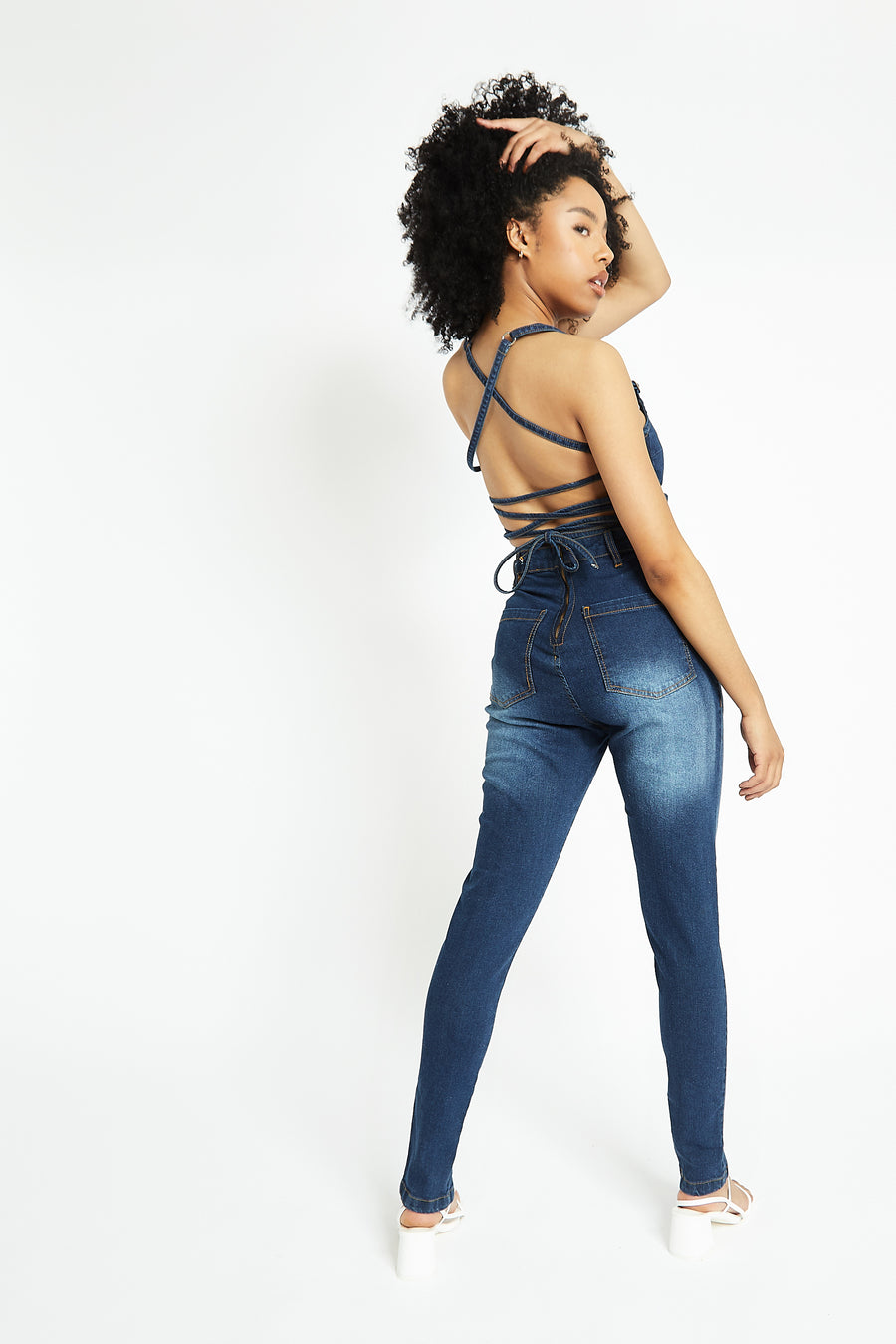 SLEEVELESS DENIM JUMPSUIT - MID BLUE WASH -  Women's Denim Jumpsuits