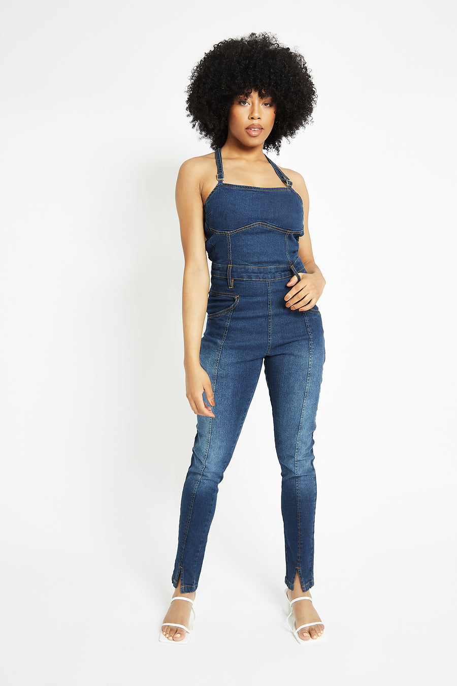 SLEEVELESS DENIM JUMPSUIT - MID BLUE WASH -  Women's Denim Jumpsuits