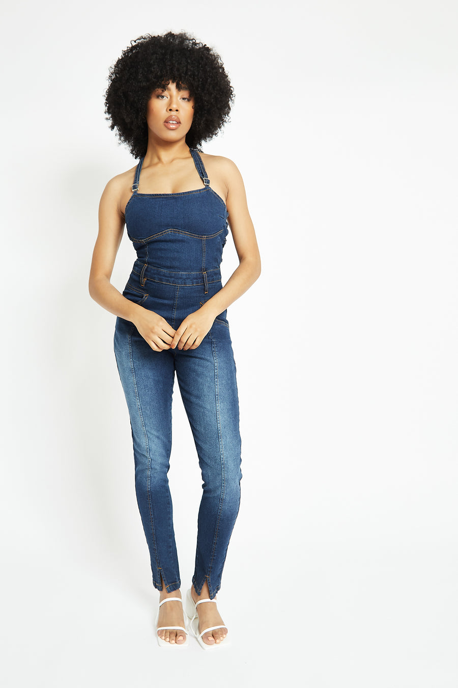 SLEEVELESS DENIM JUMPSUIT - MID BLUE WASH -  Women's Denim Jumpsuits
