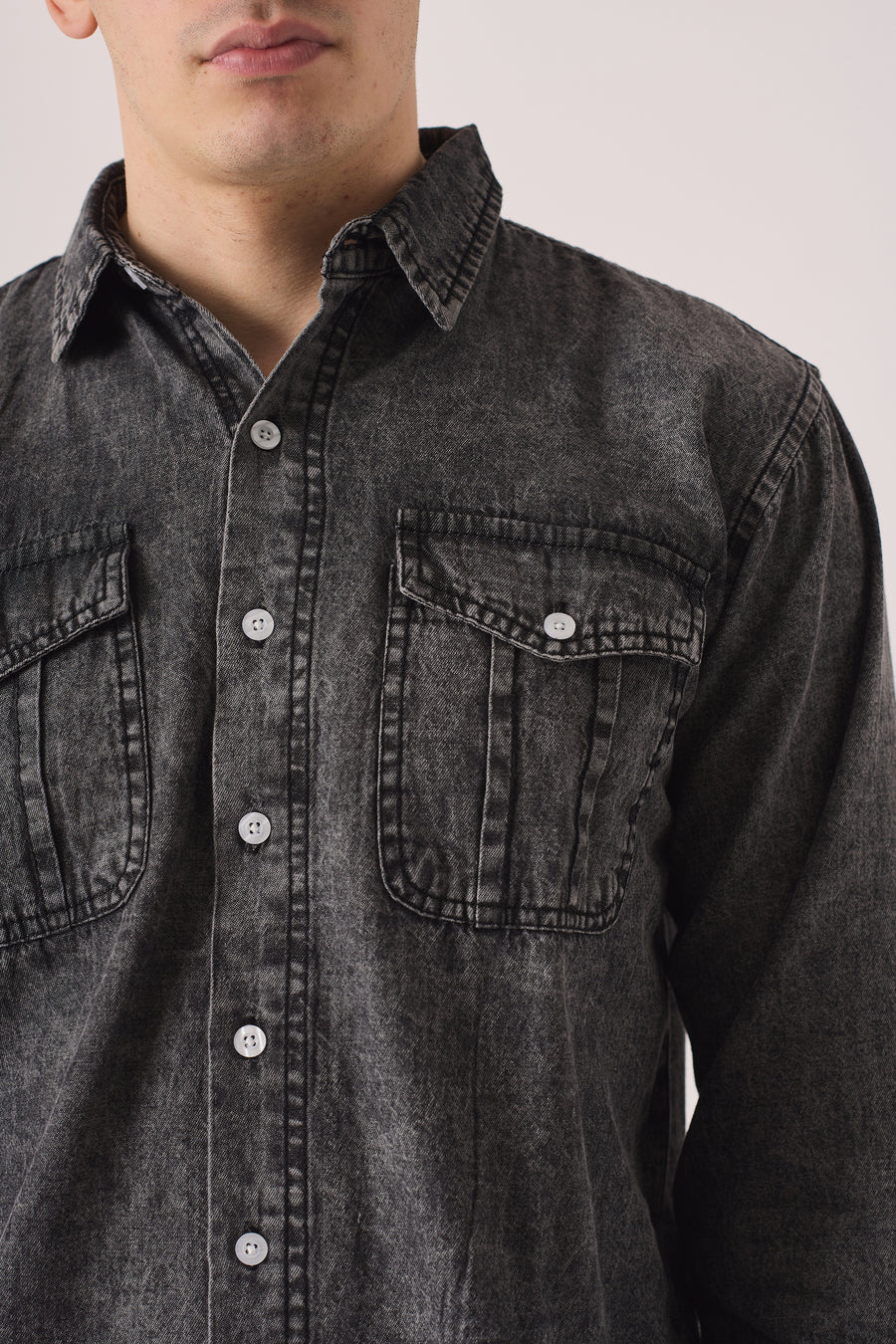 SLIM FIT DENIM SHIRT - GREY ACID WASH -  Men's Denim Shirts