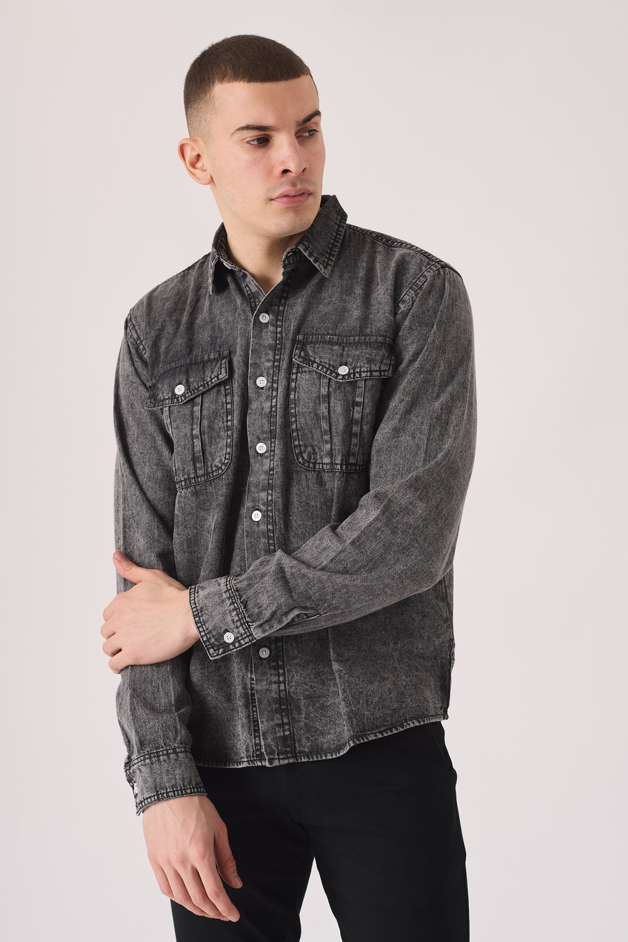 SLIM FIT DENIM SHIRT - GREY ACID WASH -  Men's Denim Shirts