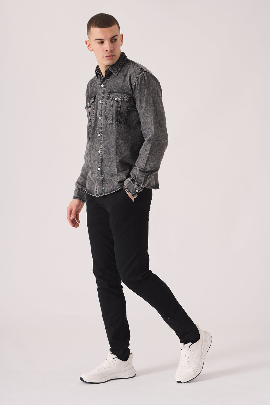 SLIM FIT DENIM SHIRT - GREY ACID WASH -  Men's Denim Shirts