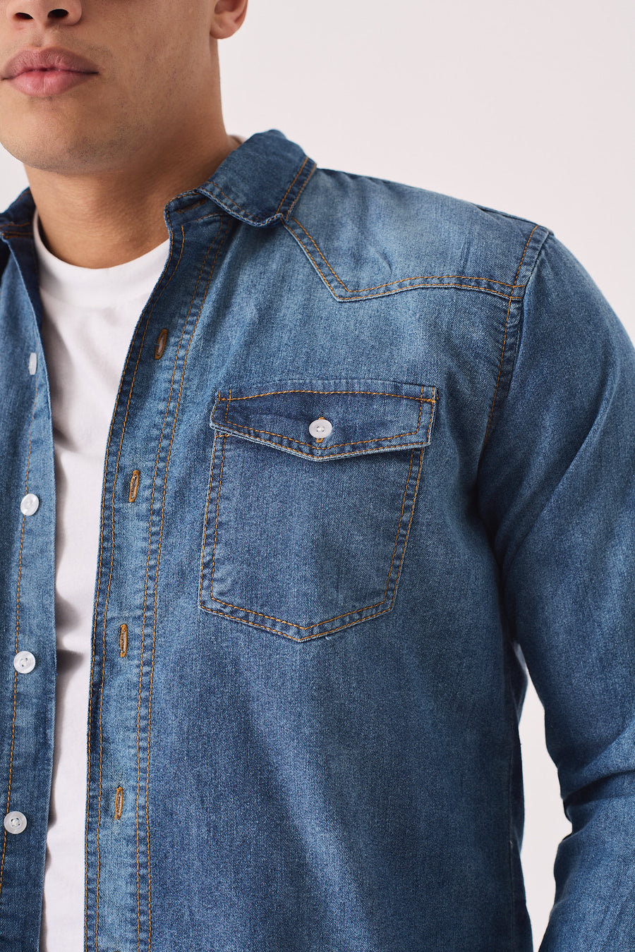 SLIM FIT DENIM SHIRT - MID BLUE WASH -  Men's Denim Shirts