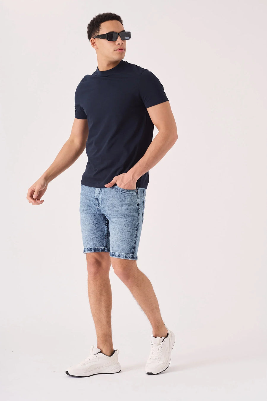 SLIM FIT DENIM SHORTS - BLUE ACID WASH -  Men's Denim Shorts