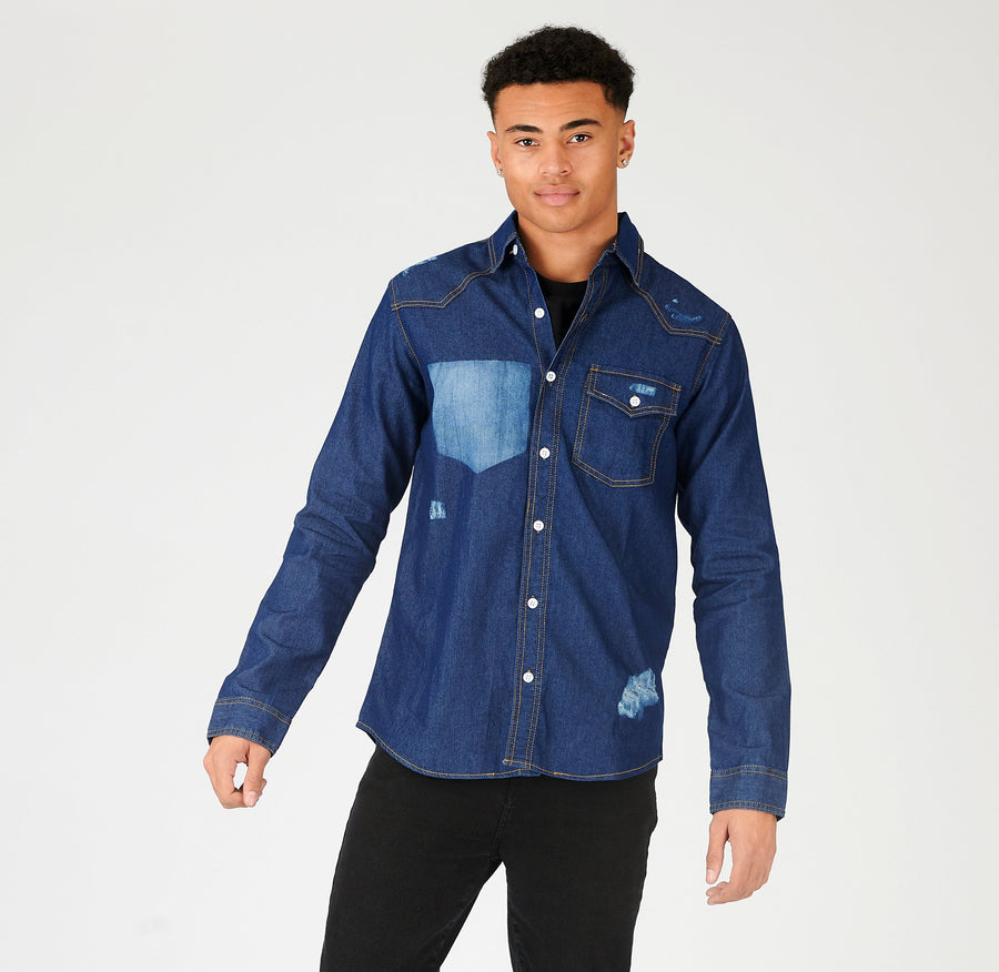 SLIM FIT DISTRESSED DENIM SHIRT - SHADED INDIGO BLUE -  Men's Denim Shirts