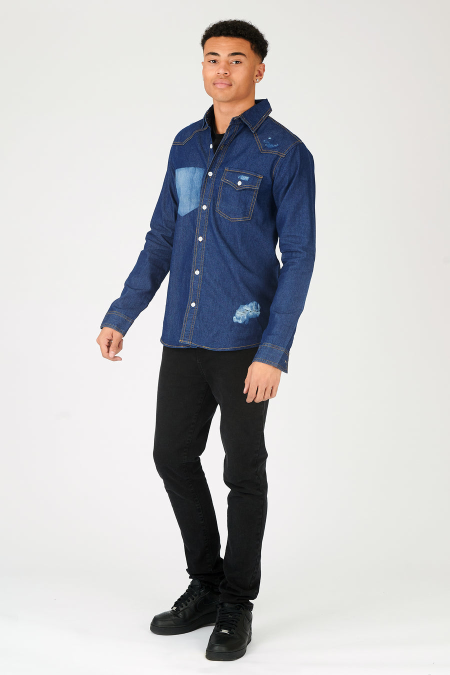 SLIM FIT DISTRESSED DENIM SHIRT - SHADED INDIGO BLUE -  Men's Denim Shirts