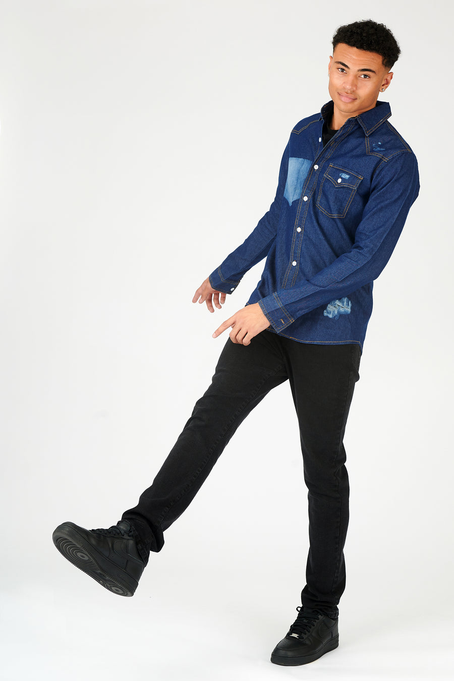 SLIM FIT DISTRESSED DENIM SHIRT - SHADED INDIGO BLUE -  Men's Denim Shirts