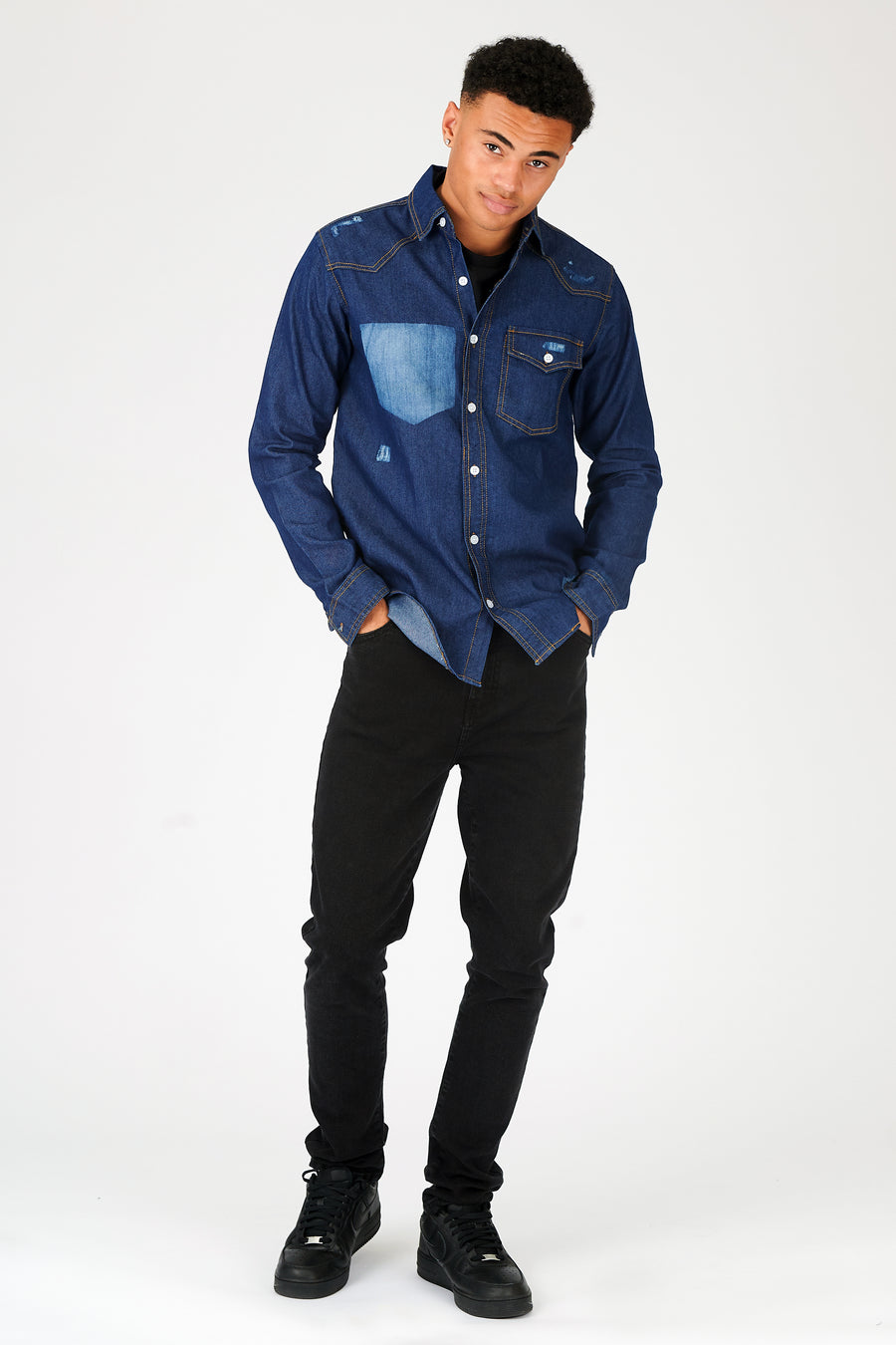 SLIM FIT DISTRESSED DENIM SHIRT - SHADED INDIGO BLUE -  Men's Denim Shirts