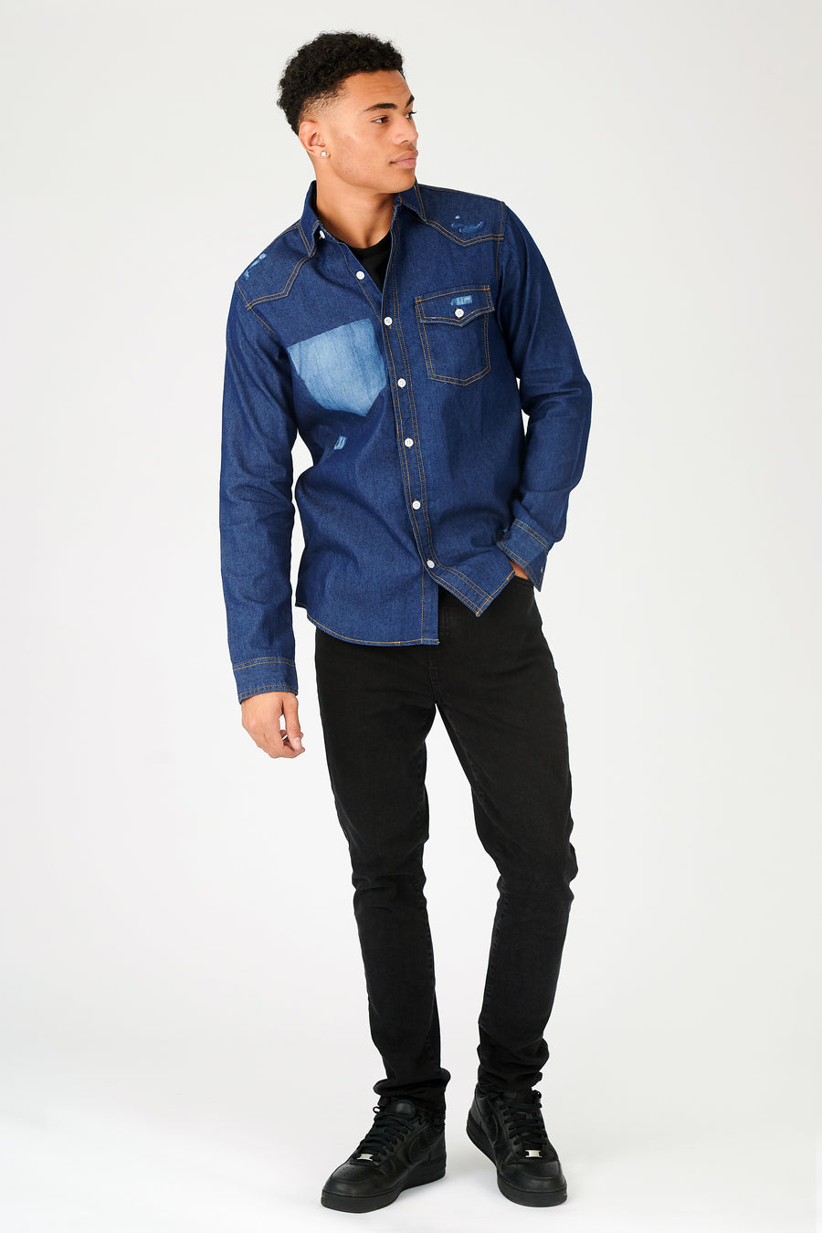 SLIM FIT DISTRESSED DENIM SHIRT - SHADED INDIGO BLUE -  Men's Denim Shirts