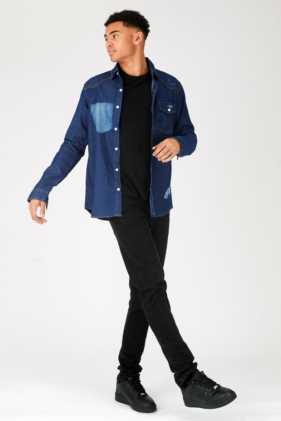 SLIM FIT DISTRESSED DENIM SHIRT - SHADED INDIGO BLUE -  Men's Denim Shirts