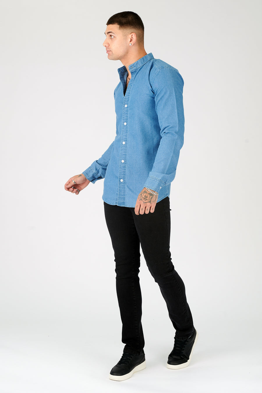 SLIM FIT GRANDAD COLLAR DENIM SHIRT - BLUE -  Men's Denim Shirts