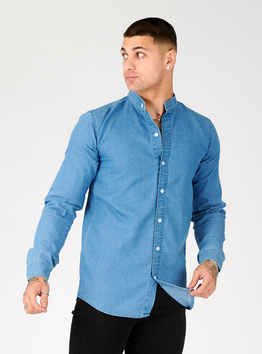 SLIM FIT GRANDAD COLLAR DENIM SHIRT - BLUE -  Men's Denim Shirts