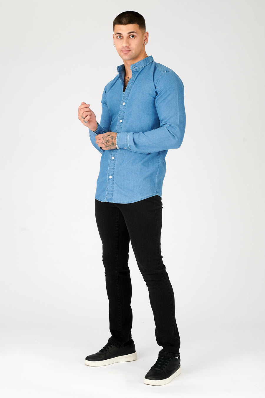 SLIM FIT GRANDAD COLLAR DENIM SHIRT - BLUE -  Men's Denim Shirts