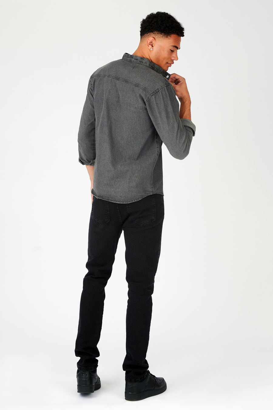 SLIM FIT GRANDAD COLLAR DENIM SHIRT - GREY -  Men's Denim Shirts