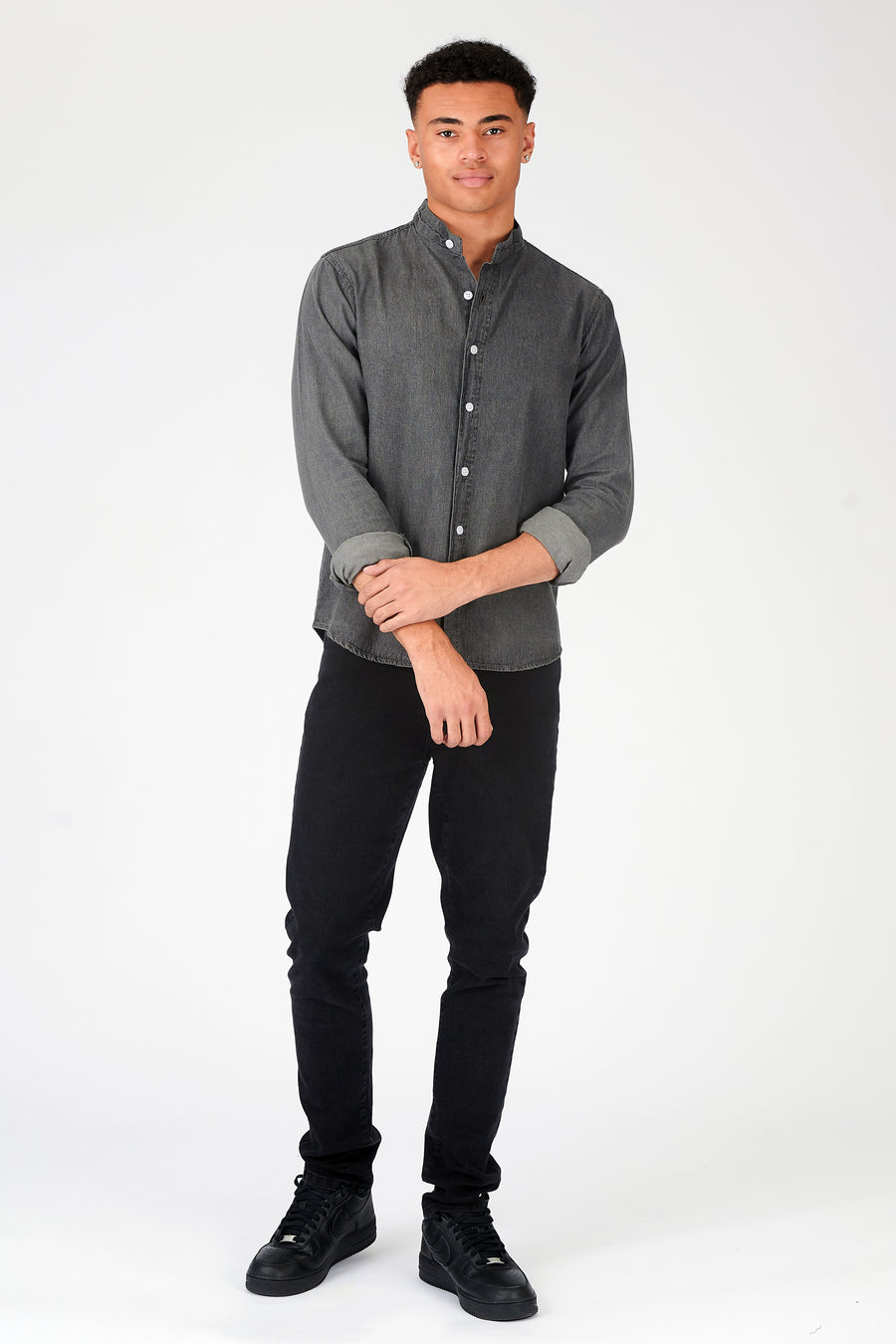 SLIM FIT GRANDAD COLLAR DENIM SHIRT - GREY -  Men's Denim Shirts
