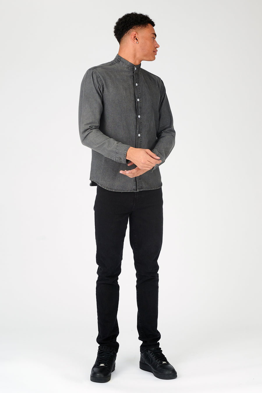 SLIM FIT GRANDAD COLLAR DENIM SHIRT - GREY -  Men's Denim Shirts