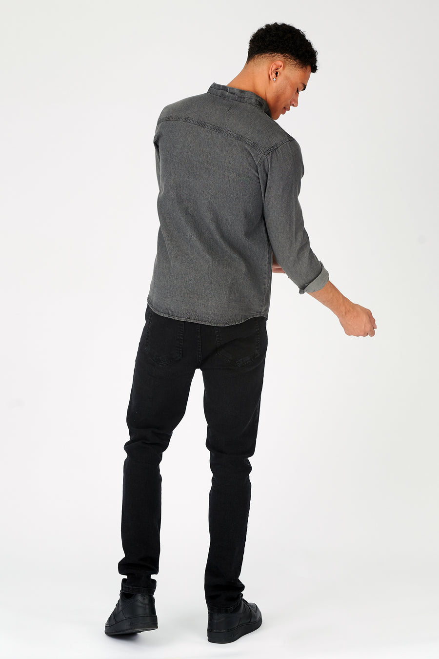 SLIM FIT GRANDAD COLLAR DENIM SHIRT - GREY -  Men's Denim Shirts