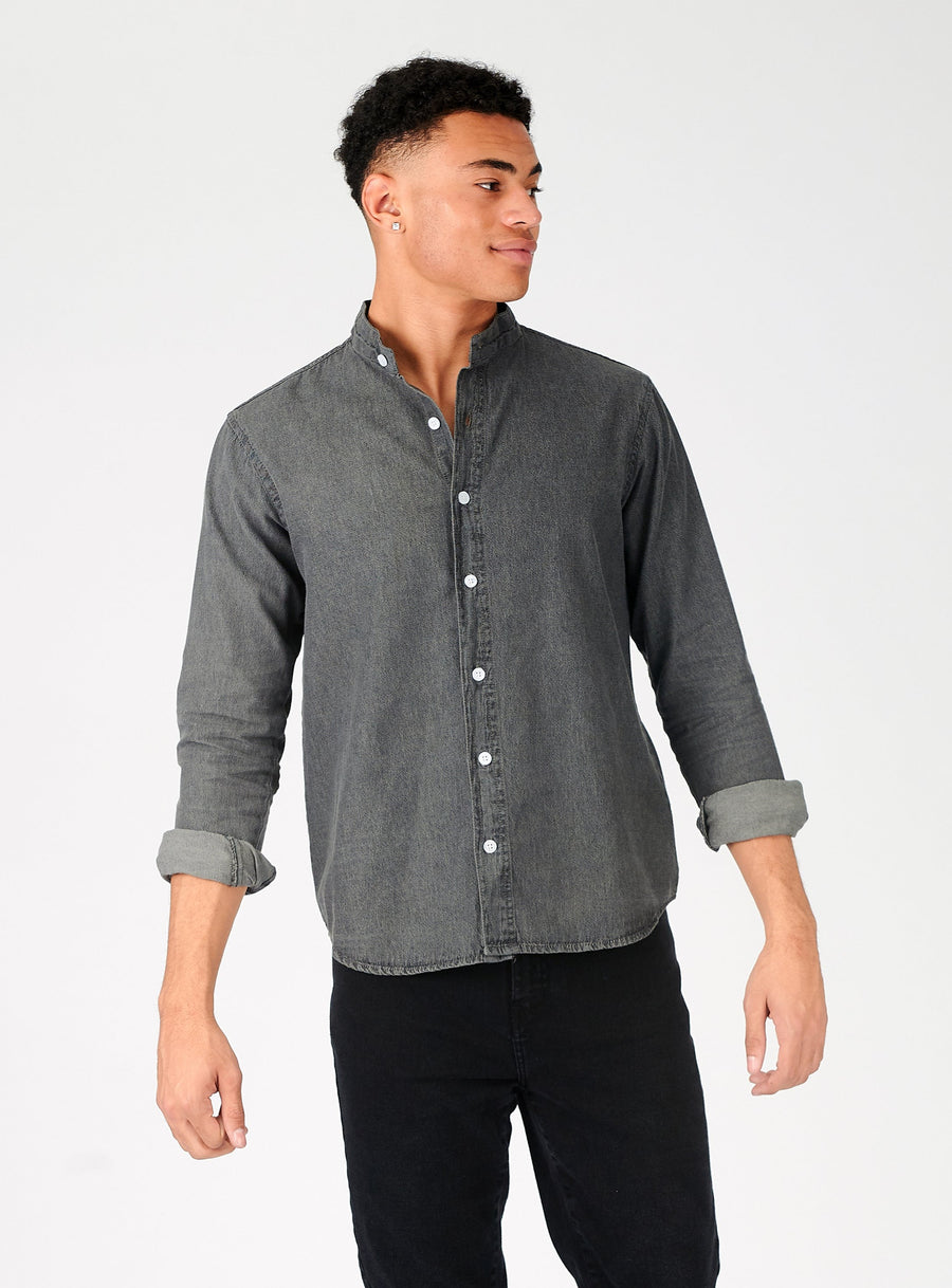 SLIM FIT GRANDAD COLLAR DENIM SHIRT - GREY -  Men's Denim Shirts