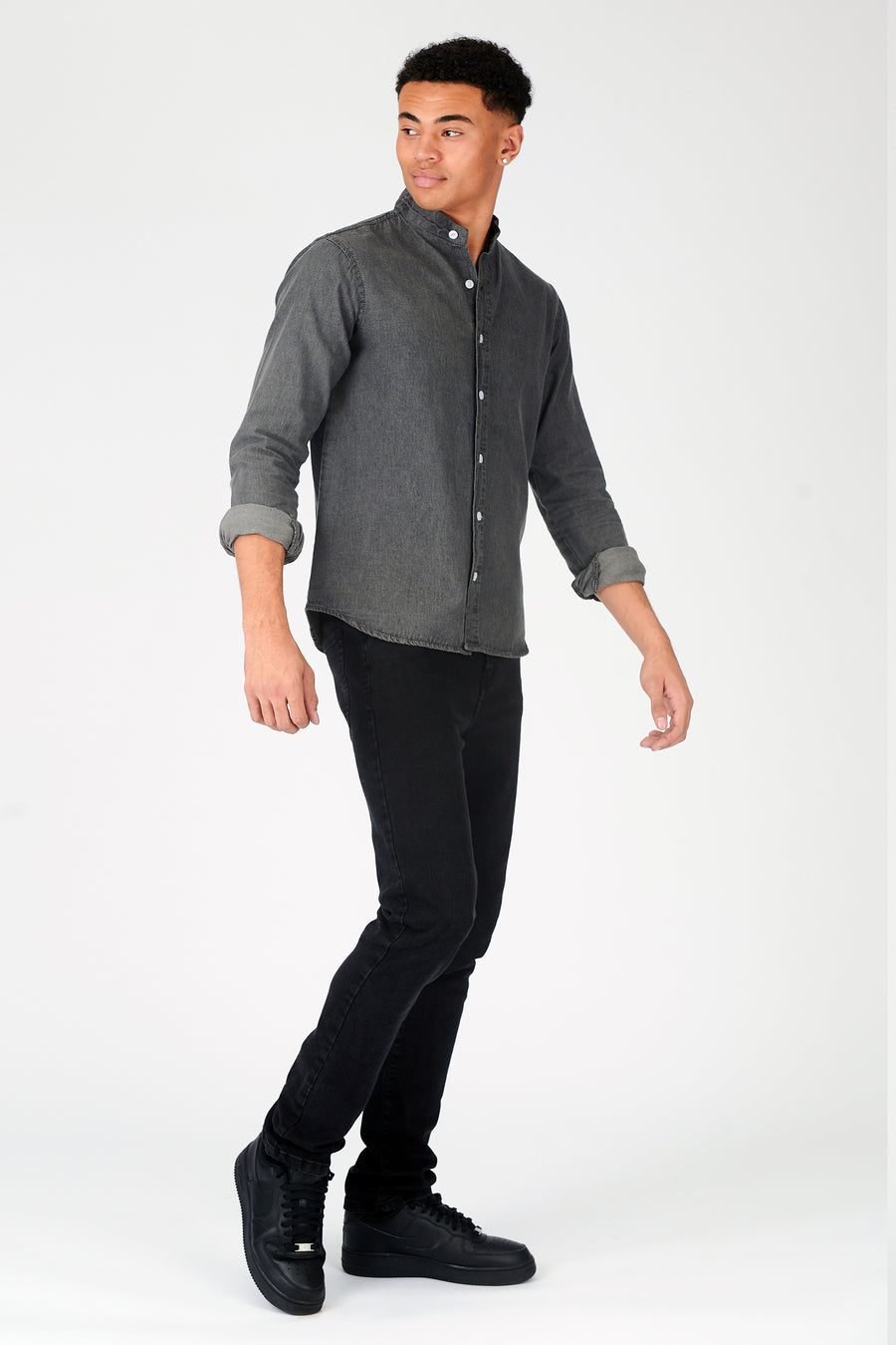 SLIM FIT GRANDAD COLLAR DENIM SHIRT - GREY -  Men's Denim Shirts