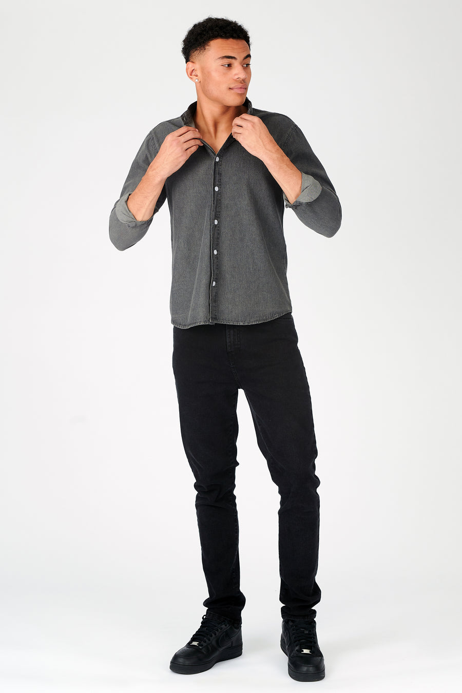 SLIM FIT GRANDAD COLLAR DENIM SHIRT - GREY -  Men's Denim Shirts