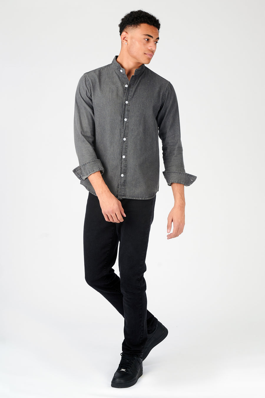 SLIM FIT GRANDAD COLLAR DENIM SHIRT - GREY -  Men's Denim Shirts