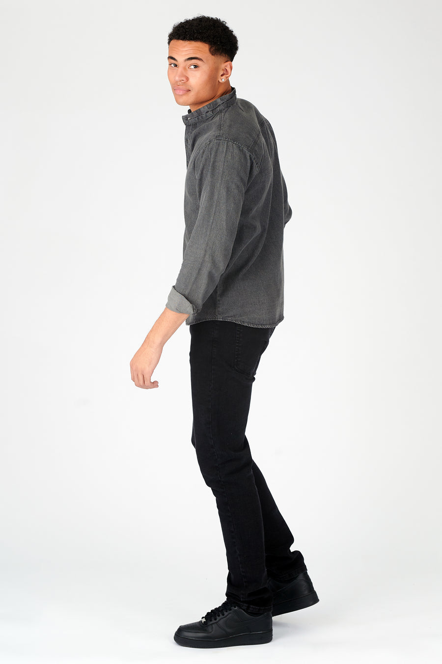 SLIM FIT GRANDAD COLLAR DENIM SHIRT - GREY -  Men's Denim Shirts