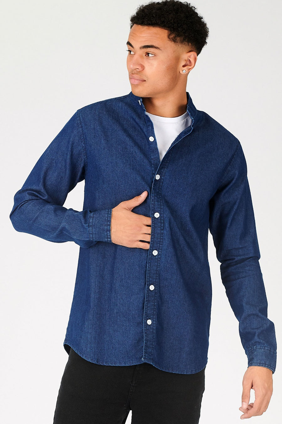 SLIM FIT GRANDAD COLLAR DENIM SHIRT - INDIGO BLUE -  Men's Denim Shirts