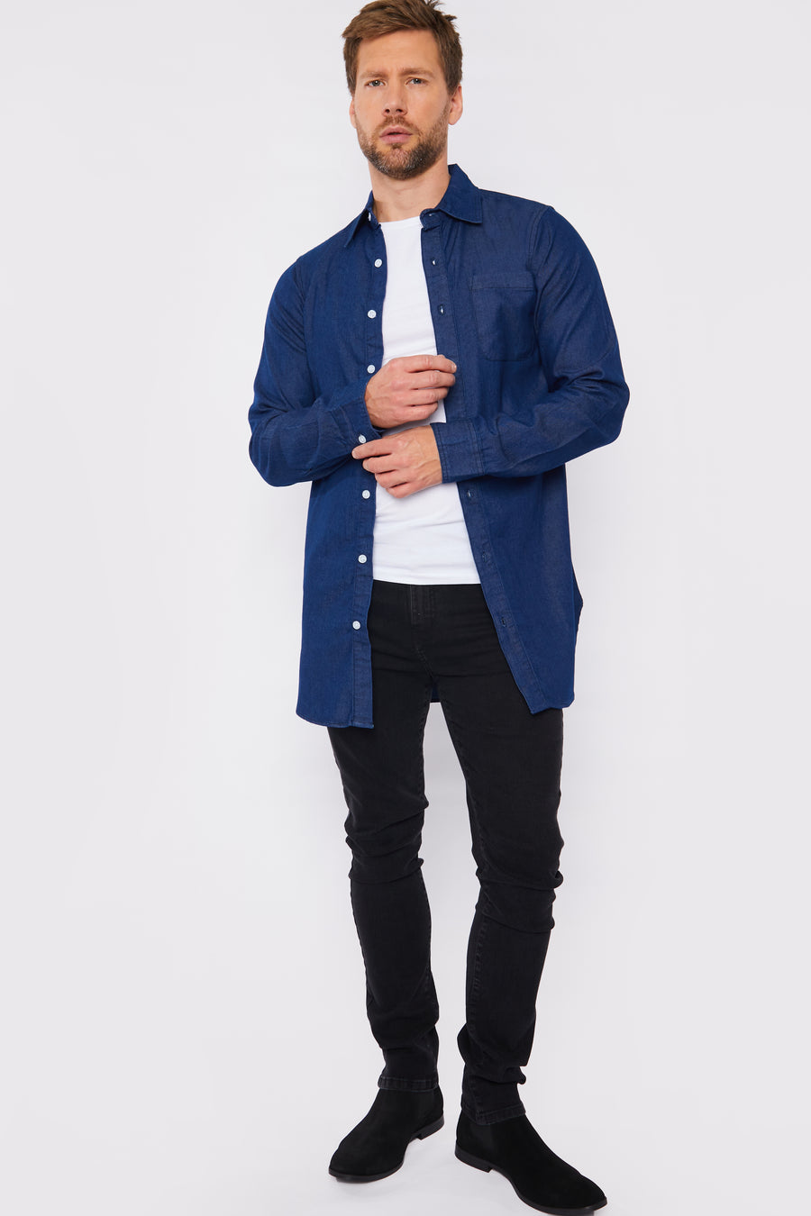 SLIM FIT LONGLINE DENIM SHIRT - DARK BLUE -  Men's Denim Shirts