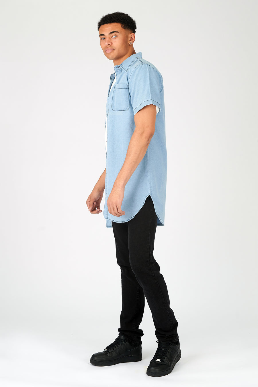 SLIM FIT LONGLINE SHORT SLEEVE DENIM SHIRT - LIGHT BLUE WASH -  Men's Denim Shirts