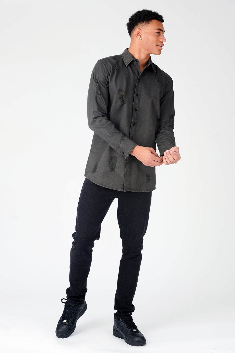 SLIM FIT RIPPED DENIM SHIRT - CHARCOAL -  Men's Denim Shirts