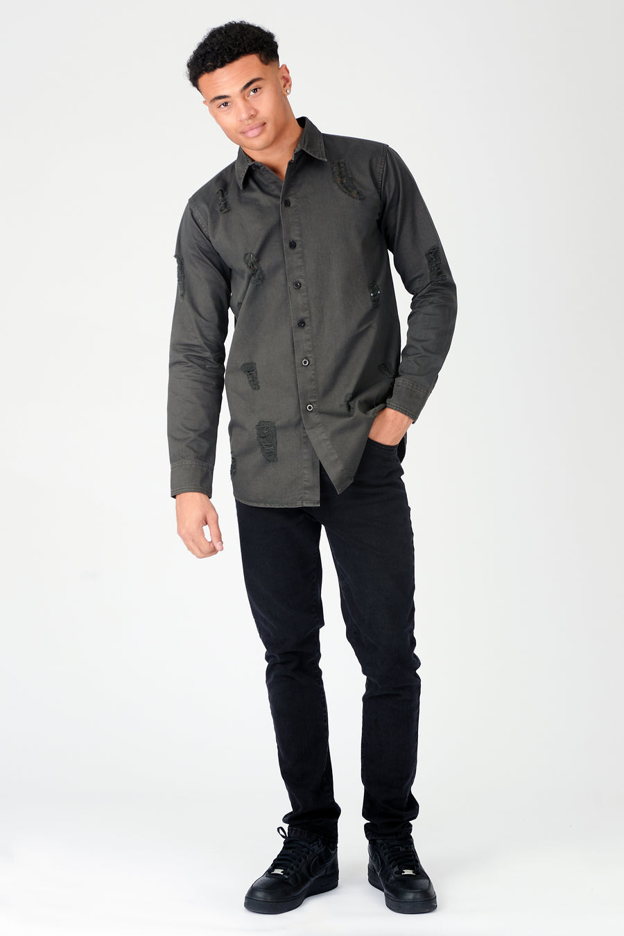 SLIM FIT RIPPED DENIM SHIRT - CHARCOAL -  Men's Denim Shirts