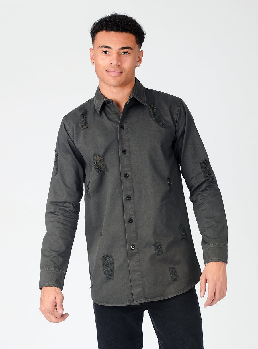 SLIM FIT RIPPED DENIM SHIRT - CHARCOAL -  Men's Denim Shirts