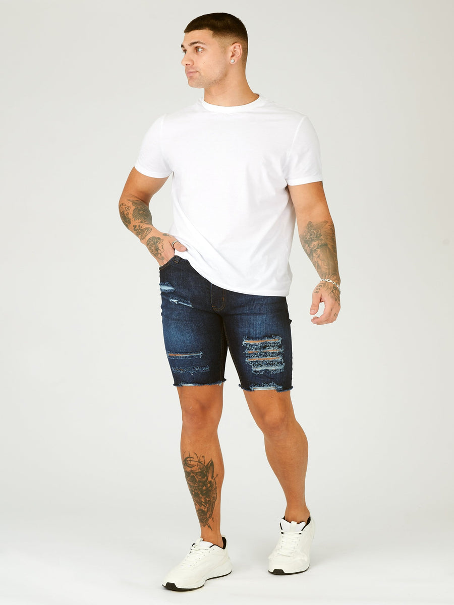 SLIM FIT RIPPED DENIM SHORTS - BLUE WASH -  Men's Denim Shorts