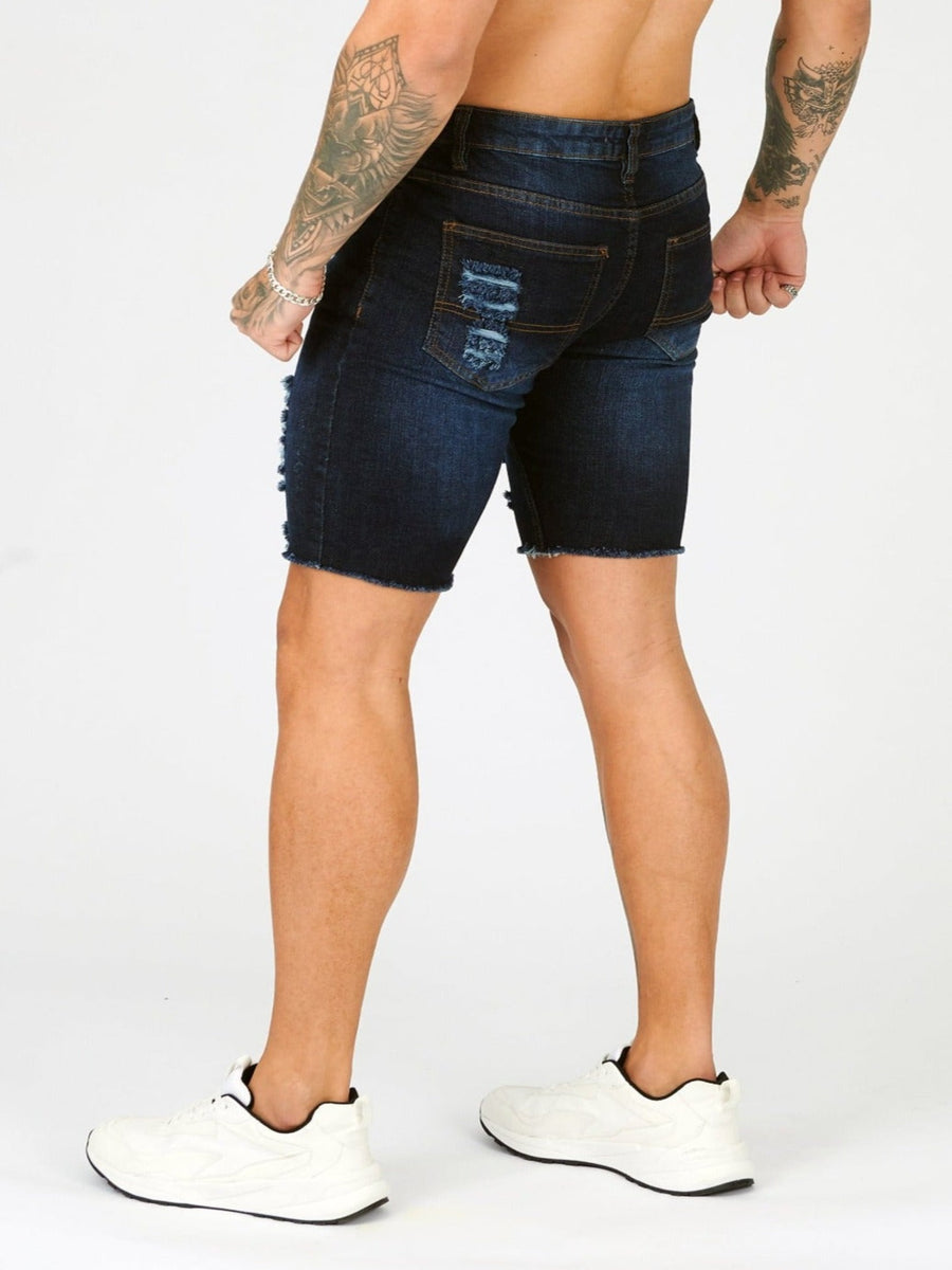 SLIM FIT RIPPED DENIM SHORTS - BLUE WASH -  Men's Denim Shorts