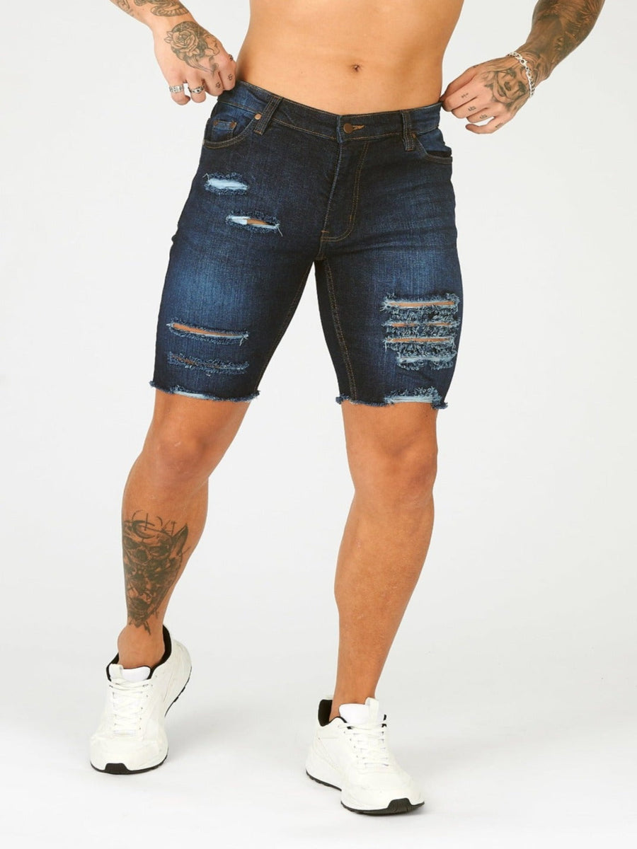 SLIM FIT RIPPED DENIM SHORTS - BLUE WASH -  Men's Denim Shorts