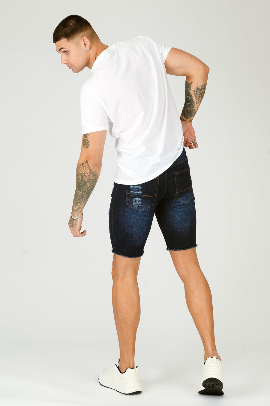 SLIM FIT RIPPED DENIM SHORTS - BLUE WASH -  Men's Denim Shorts
