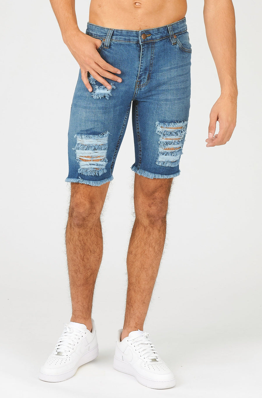 SLIM FIT RIPPED DENIM SHORTS - LIGHT BLUE -  Men's Denim Shorts