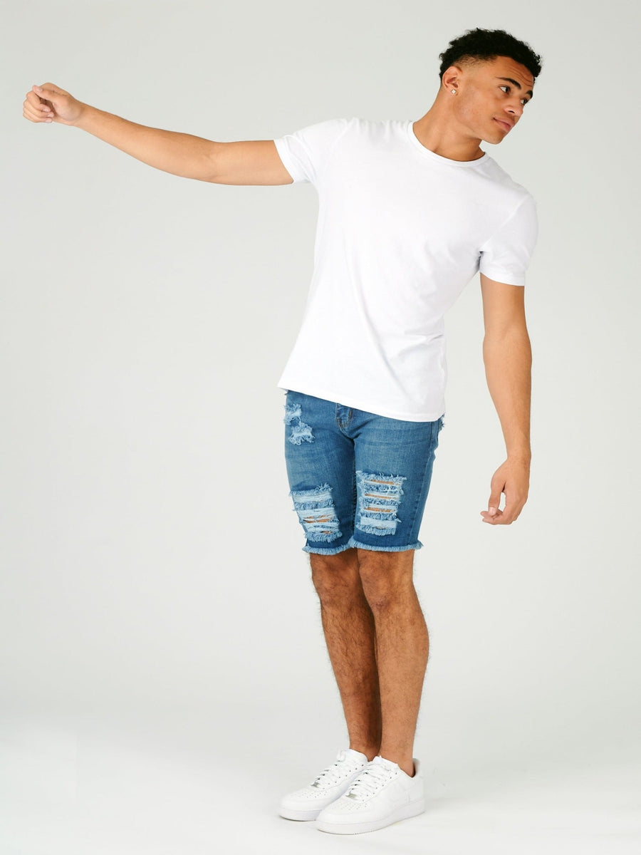 SLIM FIT RIPPED DENIM SHORTS - LIGHT BLUE -  Men's Denim Shorts