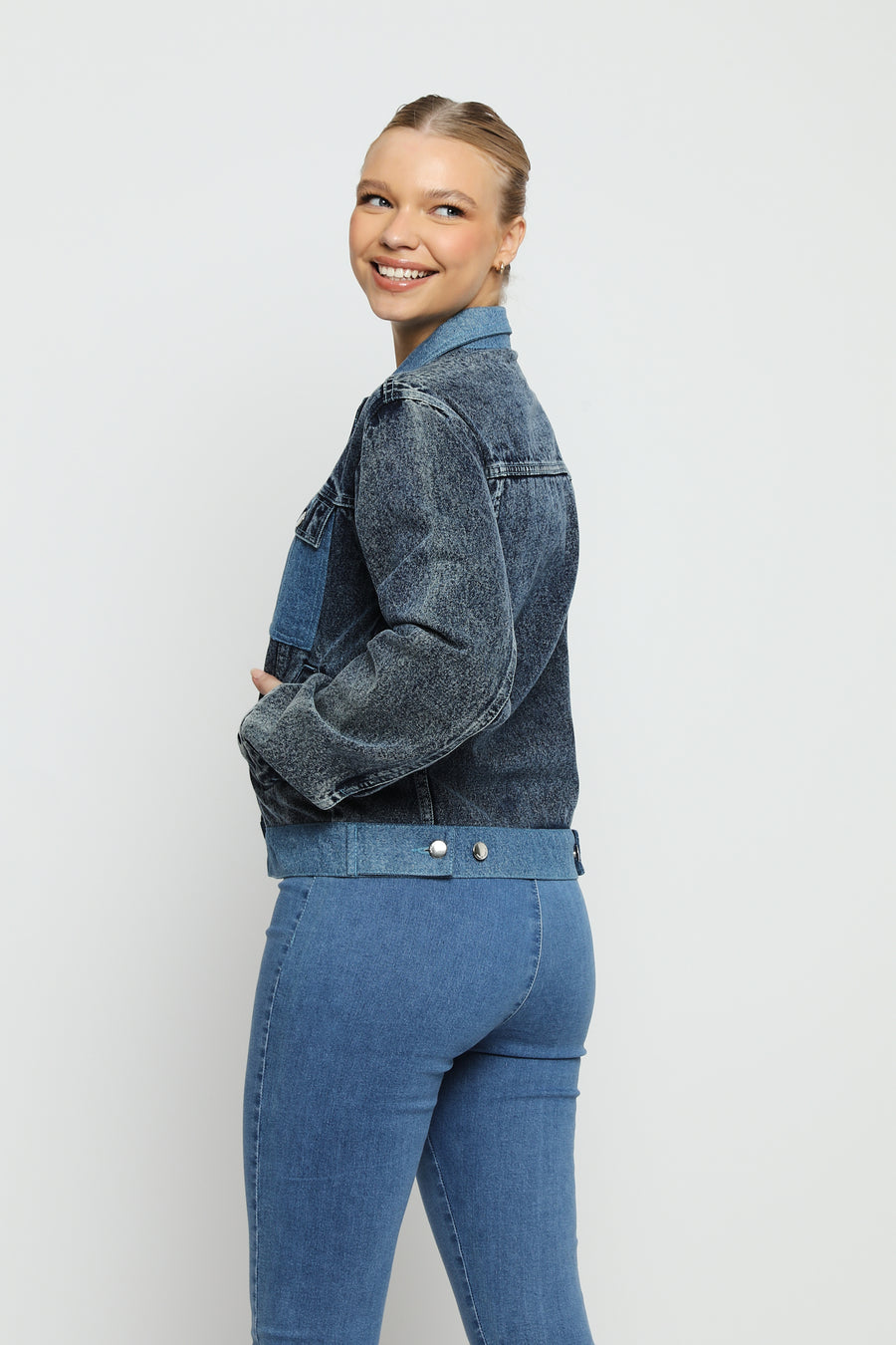 TWO TONE DENIM JACKET - MID BLUE WASH -  Women's Denim Jacket