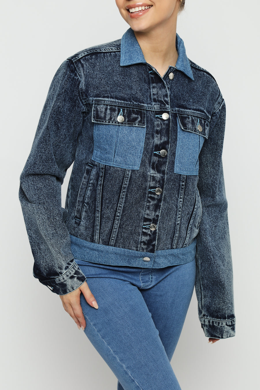 TWO TONE DENIM JACKET - MID BLUE WASH -  Women's Denim Jacket