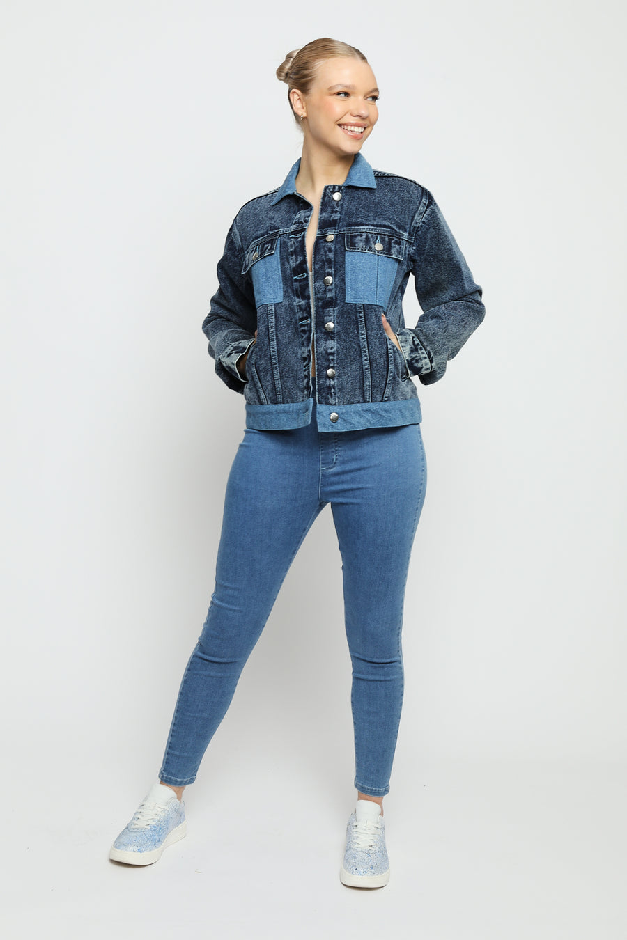 TWO TONE DENIM JACKET - MID BLUE WASH -  Women's Denim Jacket