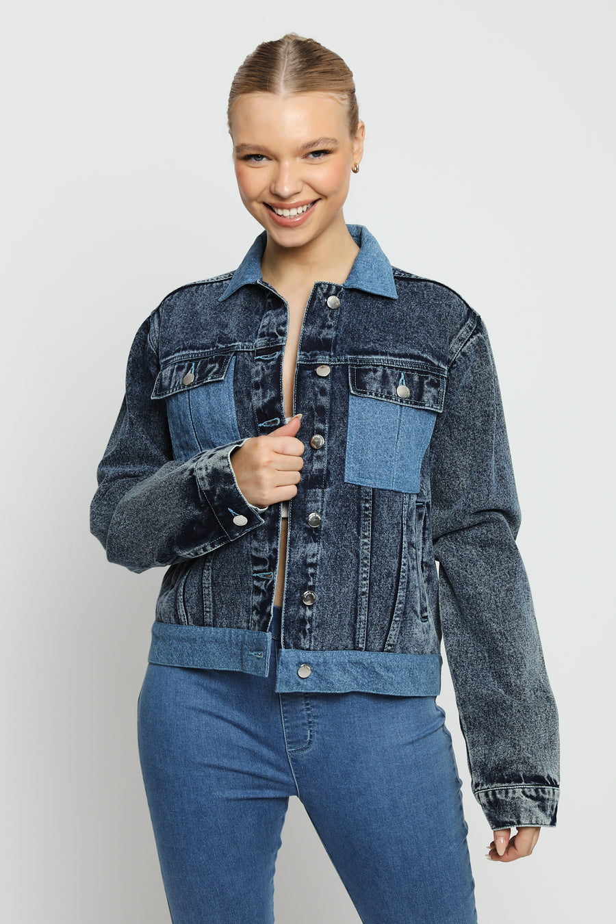 TWO TONE DENIM JACKET - MID BLUE WASH -  Women's Denim Jacket